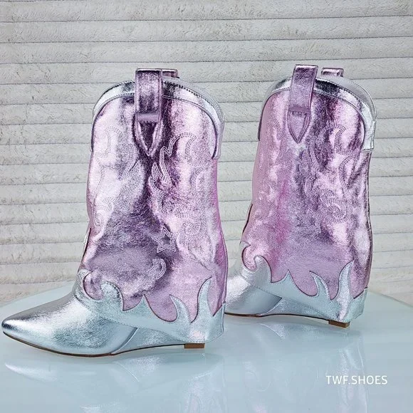 Show Off By Azalea Wang Silver Metallic Fold Over Western Wedge Ankle Boots - Picture 5 of 10